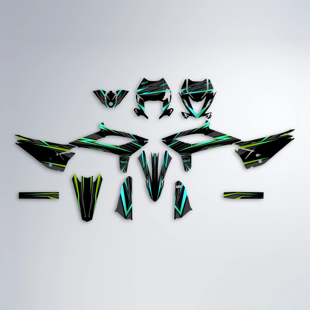 SKITZ Beta graphics kit parts layout in Cyan & Green