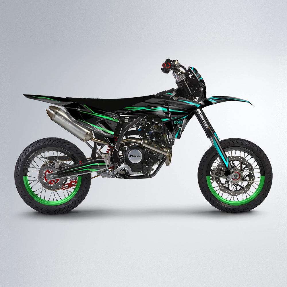 SKITZ Fantic supermoto graphics kit in Cyan & Green