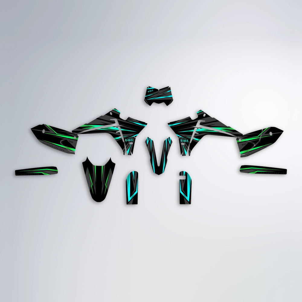 SKITZ Fantic graphics kit parts layout in Cyan & Green
