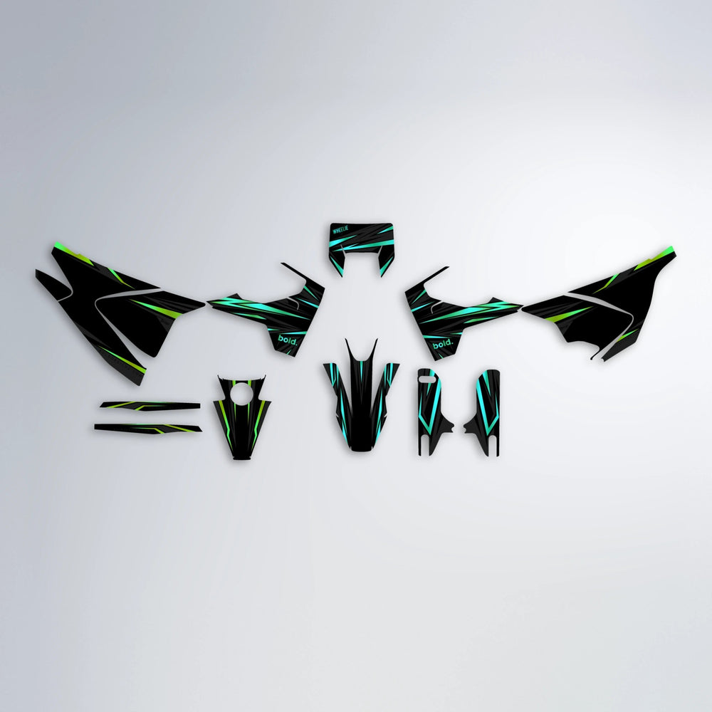 SKITZ Husqvarna 701 graphics kit parts layout in Cyan & Green