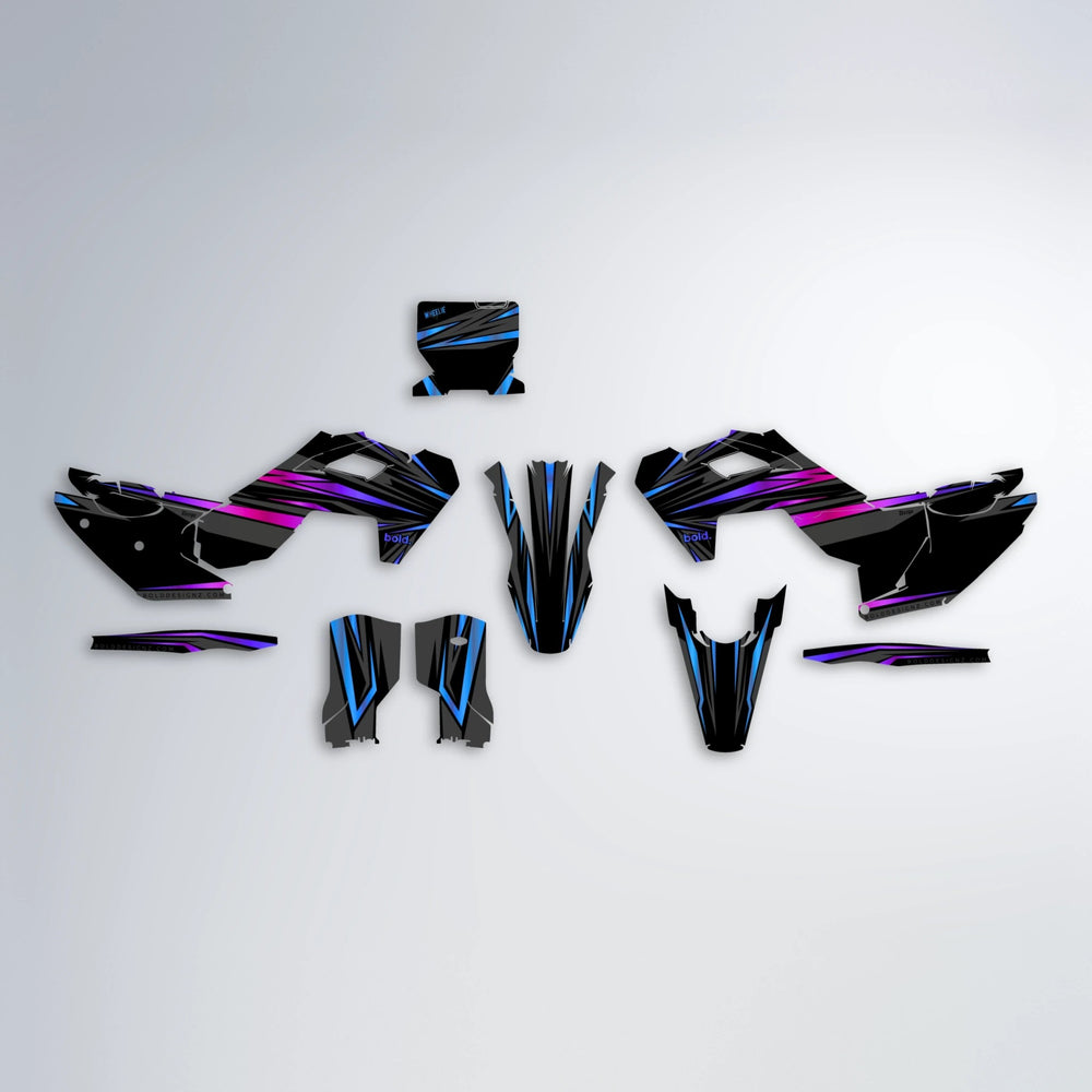 SKITZ Husqvarna FE/TE graphics kit parts layout in Blue Purple Fade