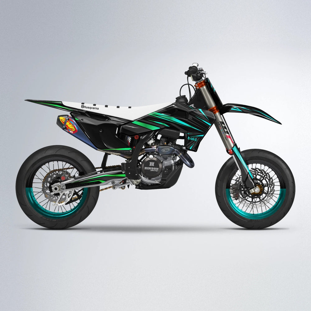 SKITZ Husqvarna FE/TE supermoto graphics kit in Cyan & Green