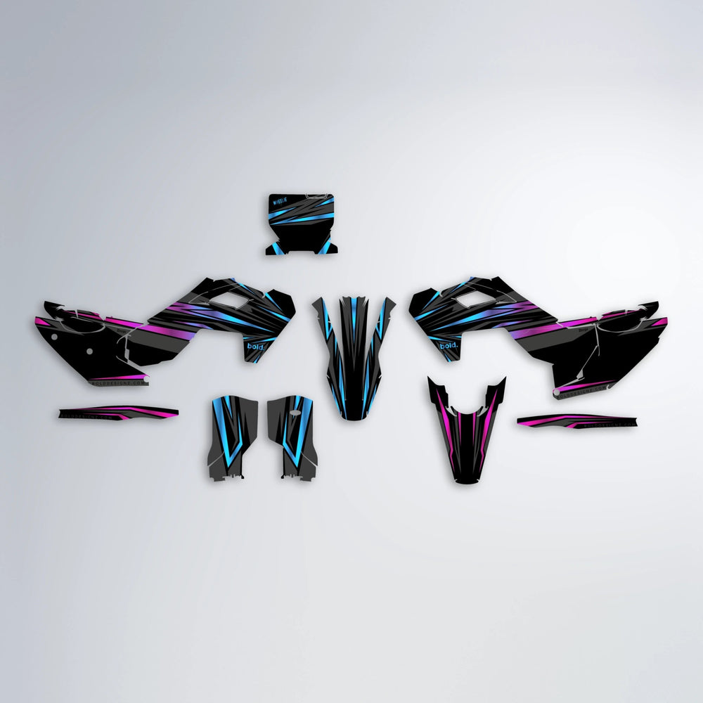 SKITZ Husqvarna FE/TE graphics kit parts layout in Pink & Light Blue