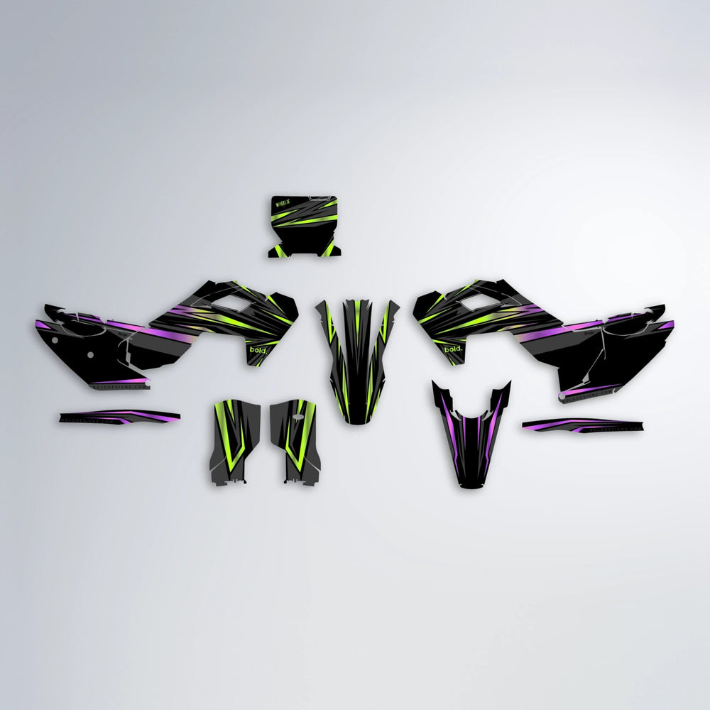 SKITZ Husqvarna FE/TE graphics kit parts layout in Purple & Yellow