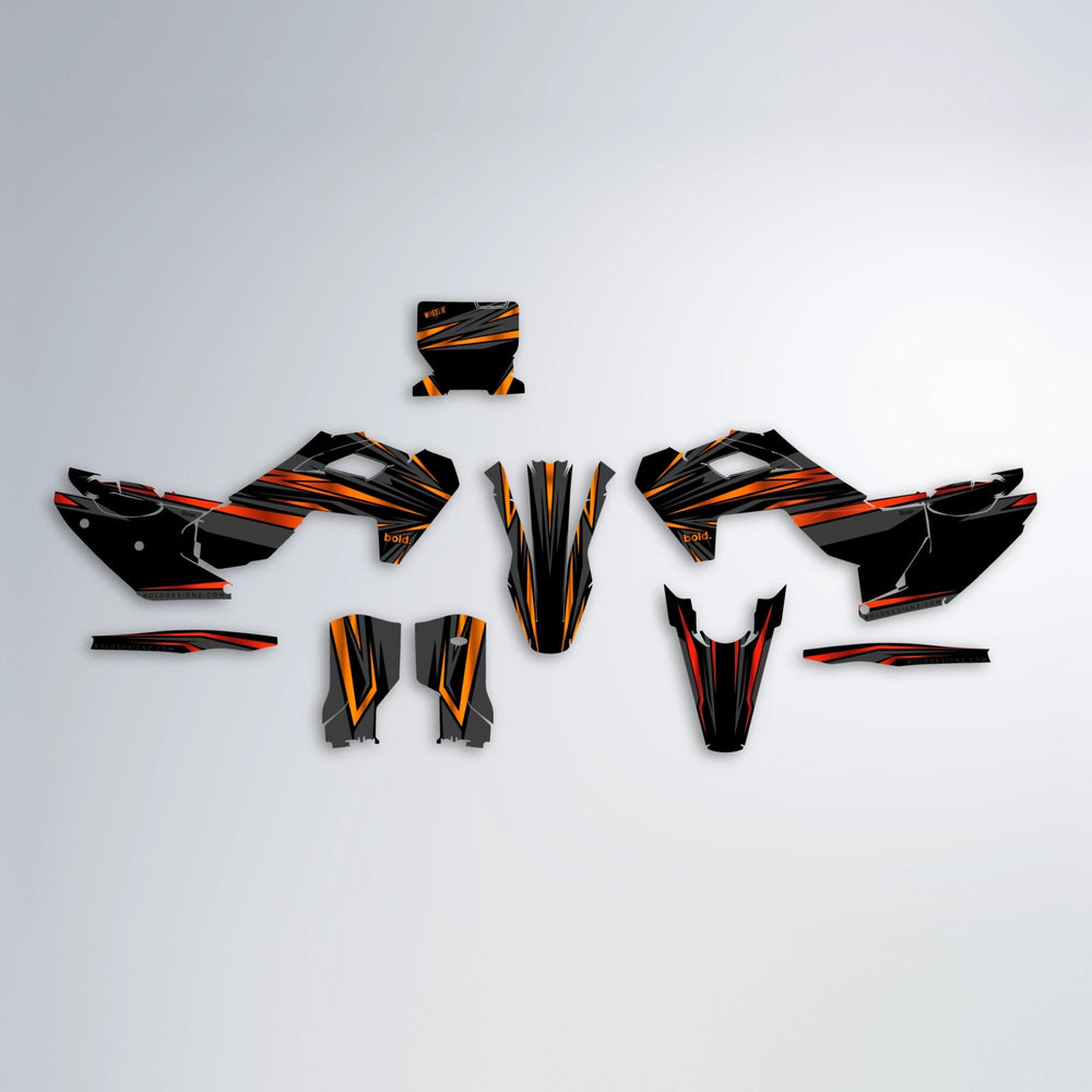 SKITZ Husqvarna FE/TE graphics kit parts layout in Red & Orange