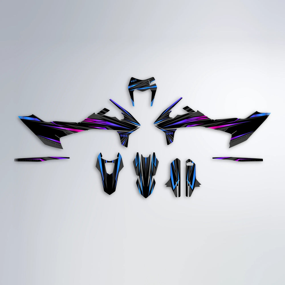 SKITZ KTM SMC 690 graphics kit parts layout in Blue Purple Fade