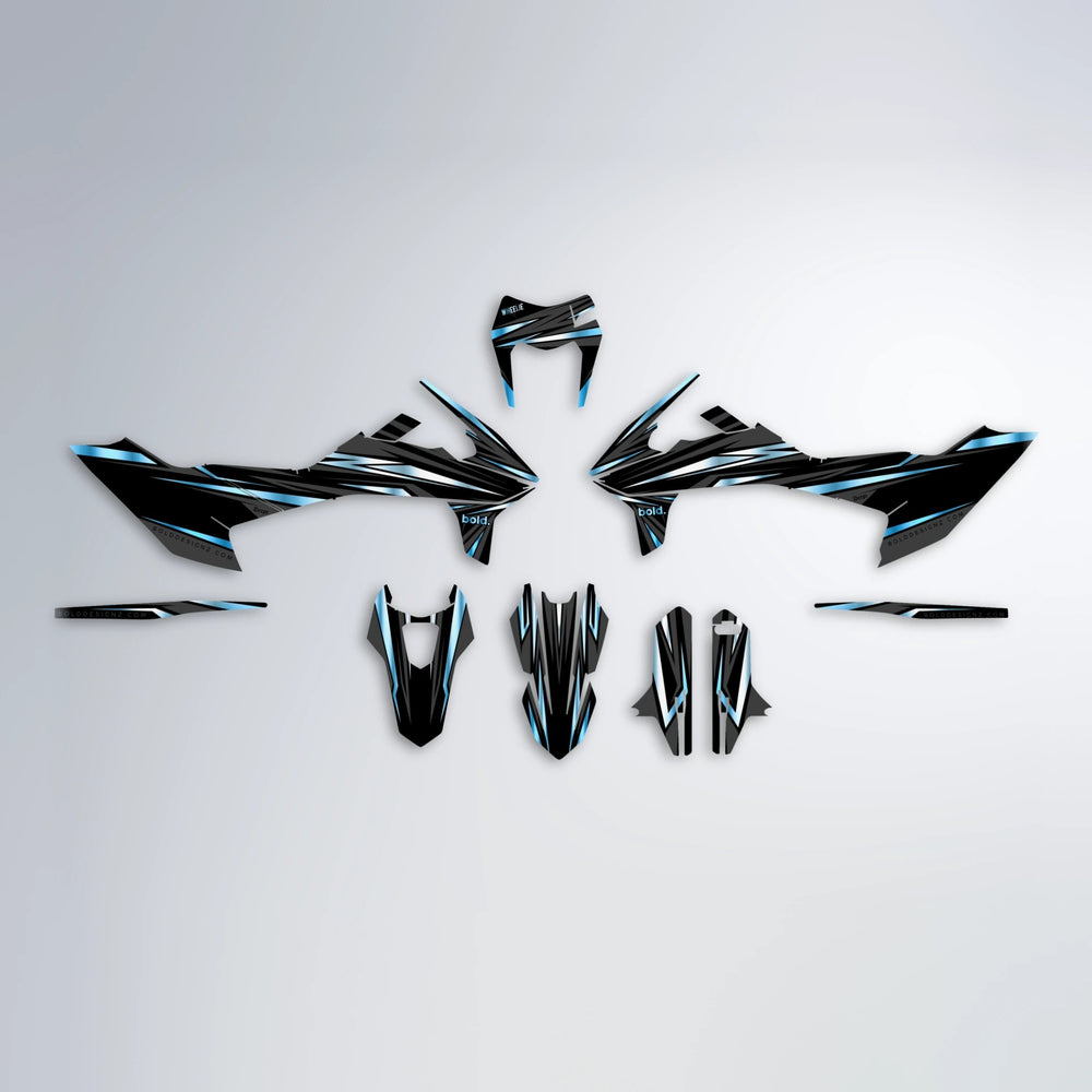SKITZ KTM SMC 690 graphics kit parts layout in Light Blue & White