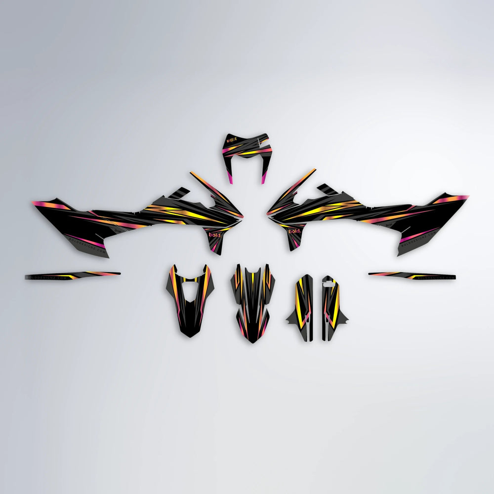 SKITZ KTM SMC 690 graphics kit parts layout in Pink & Yellow
