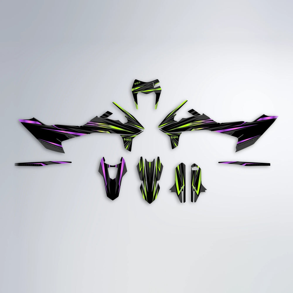 SKITZ KTM SMC 690 graphics kit parts layout in Purple & Yellow