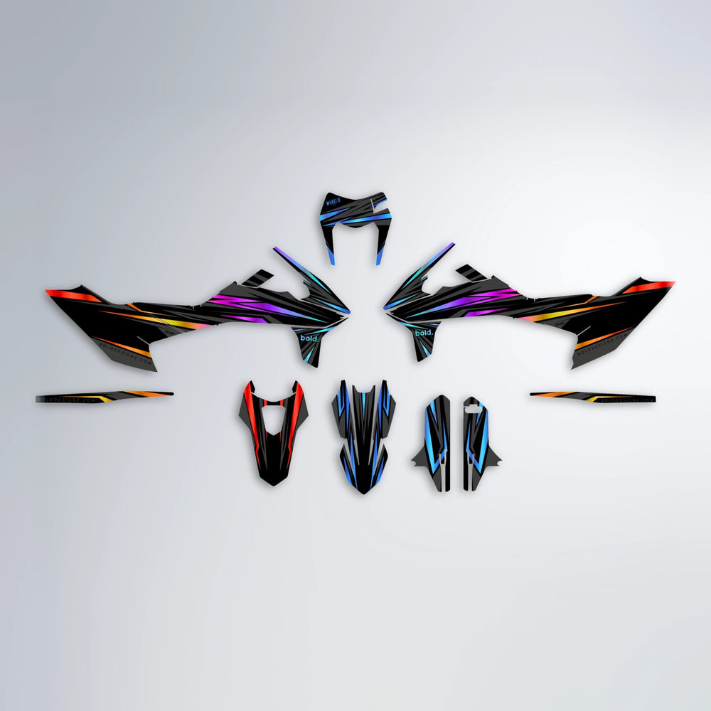 SKITZ KTM SMC 690 graphics kit parts layout in Sunset Fade