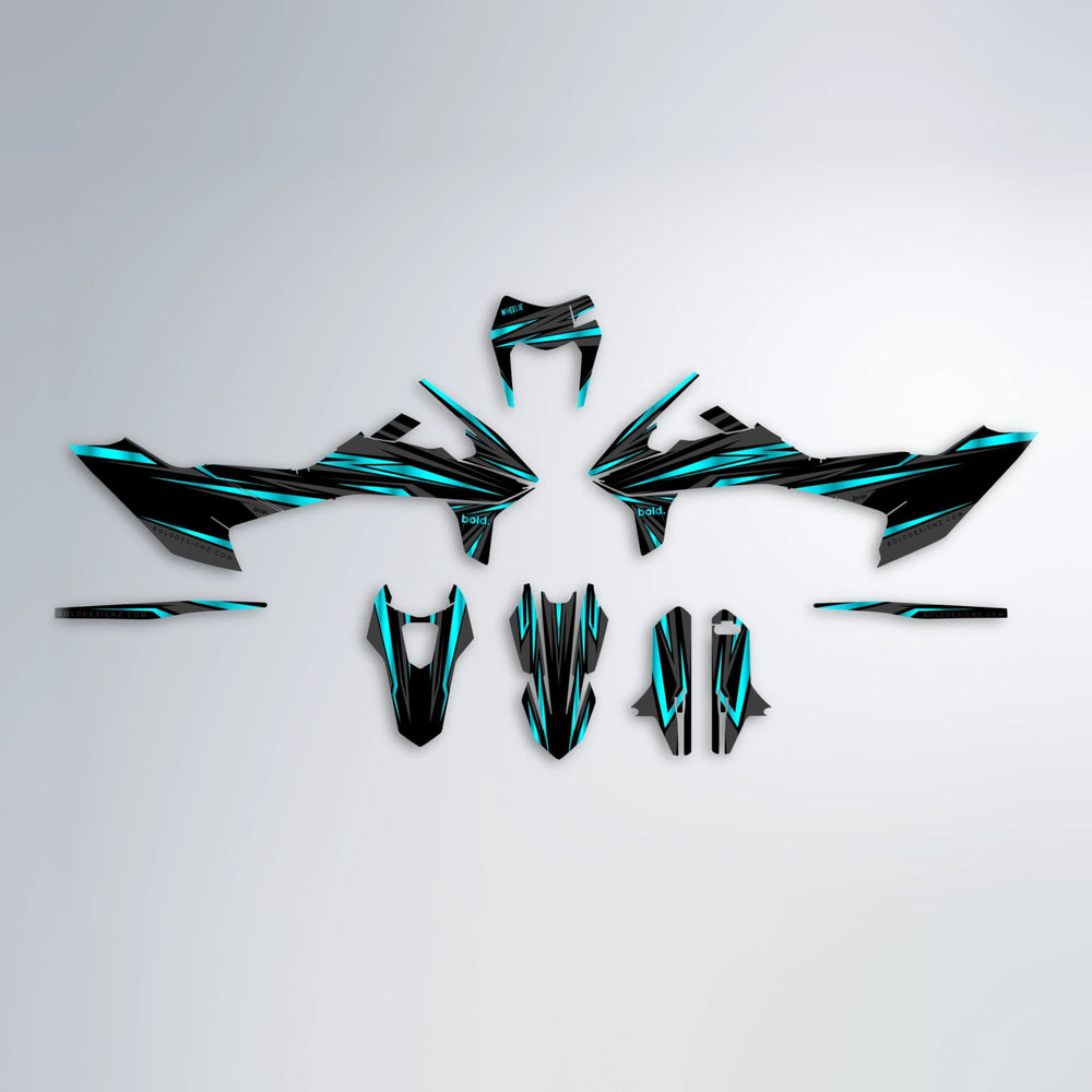 SKITZ KTM SMC 690 graphics kit parts layout in Teal