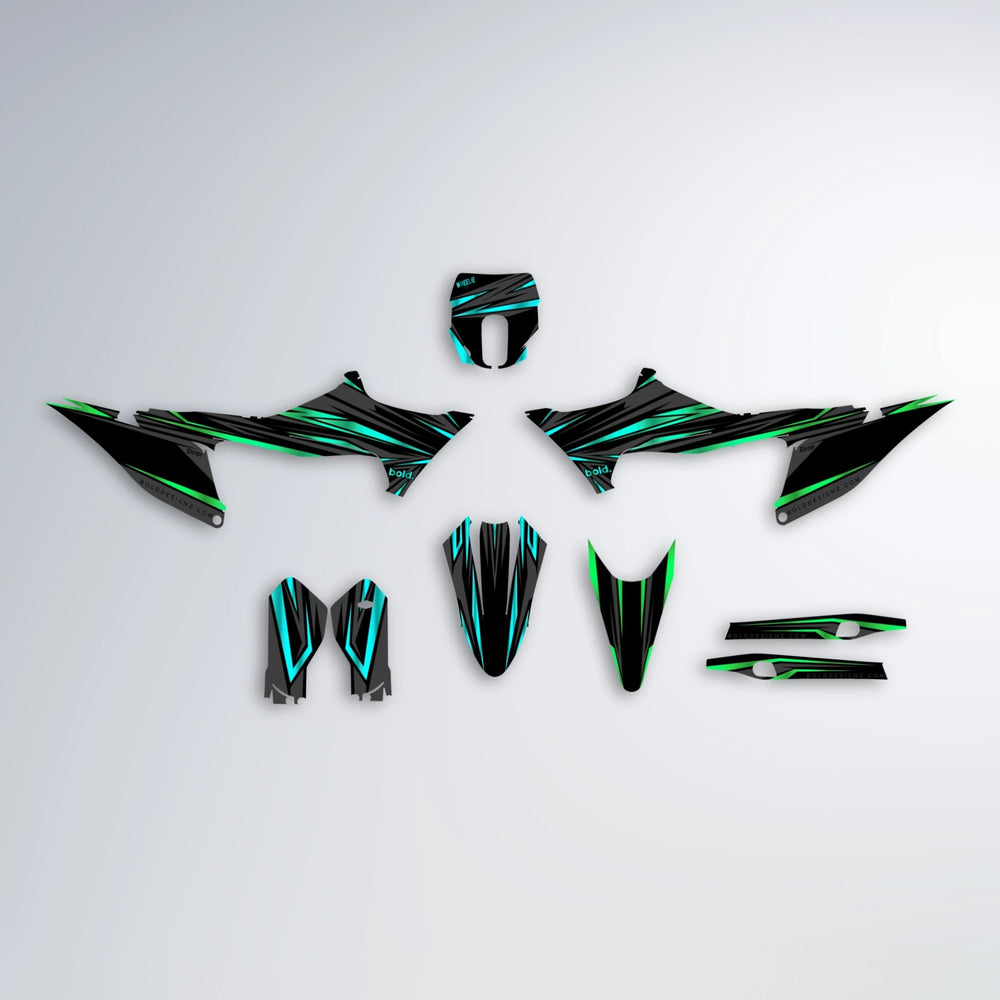 SKITZ Stark Varg MX graphics kit parts layout in Cyan & Green