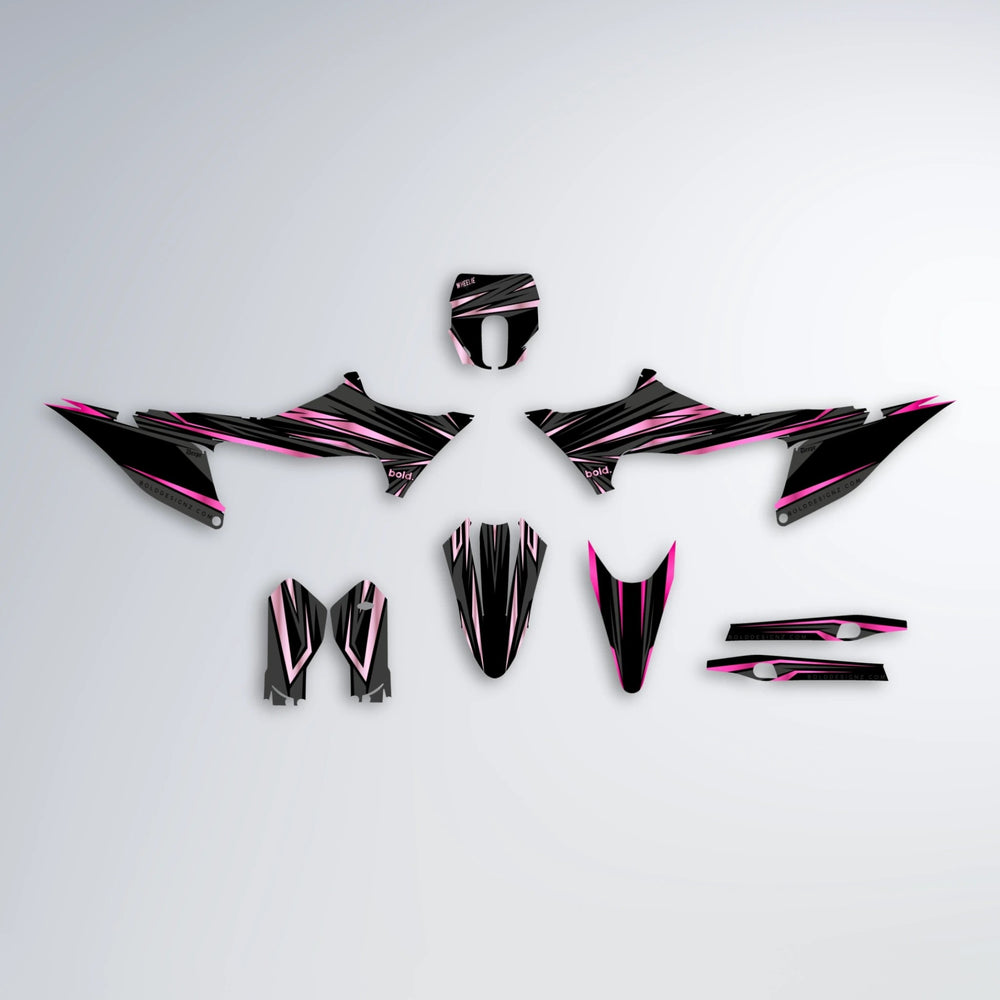 SKITZ Stark Varg MX graphics kit parts layout in Flamingo