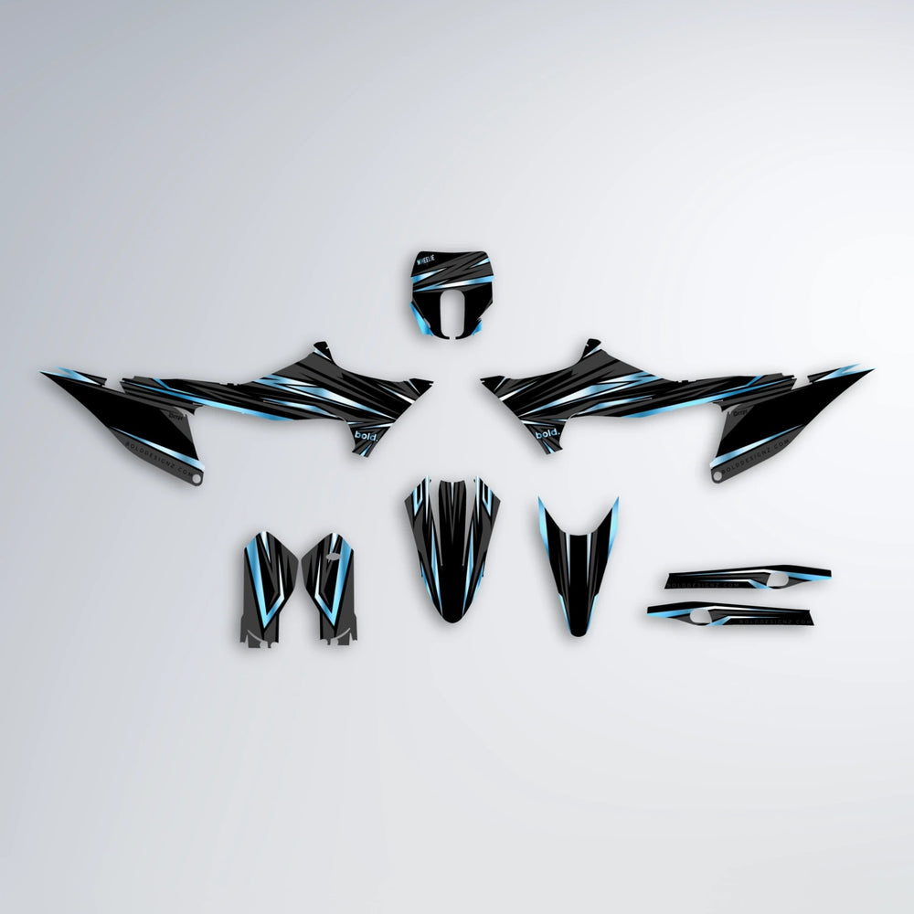 SKITZ Stark Varg MX graphics kit parts layout in Light Blue & White
