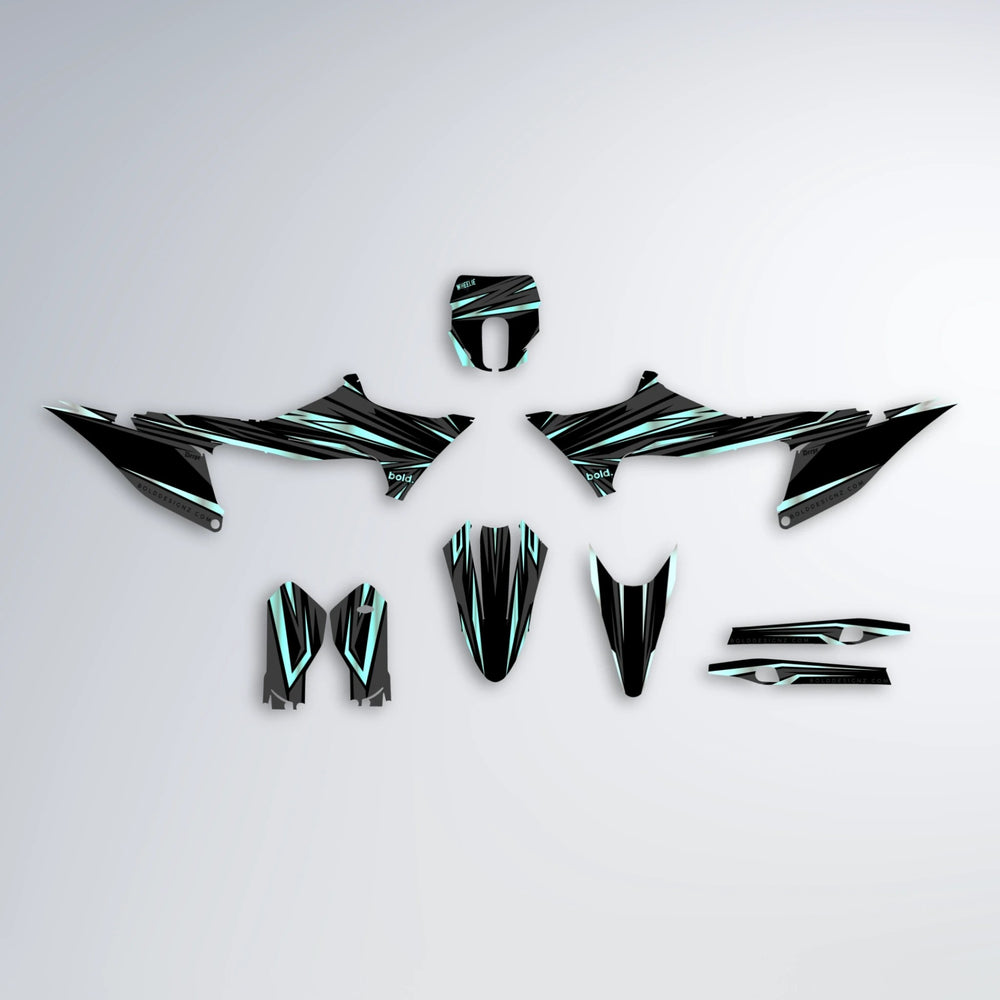 SKITZ Stark Varg MX graphics kit parts layout in Mint