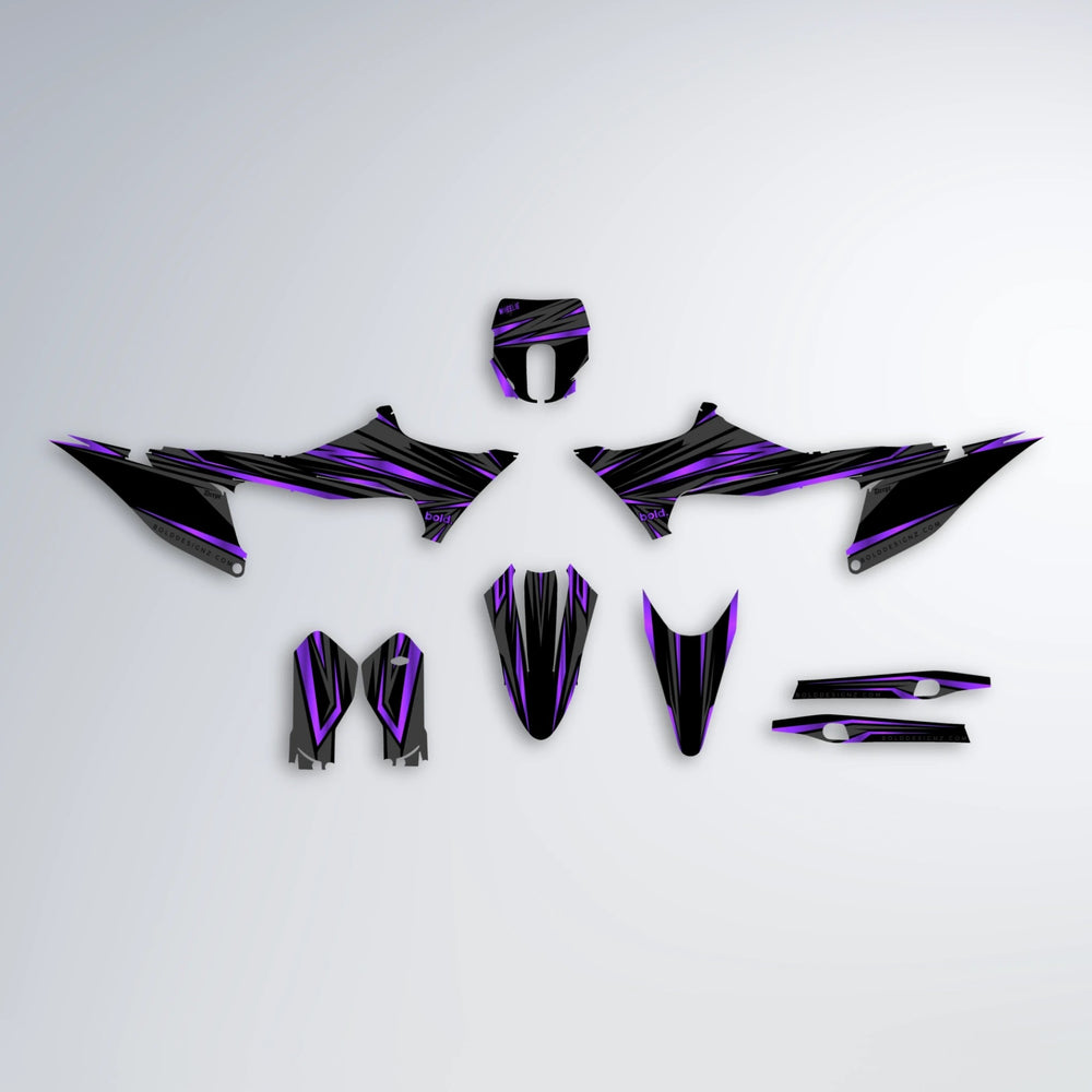 SKITZ Stark Varg MX graphics kit parts layout in Purple