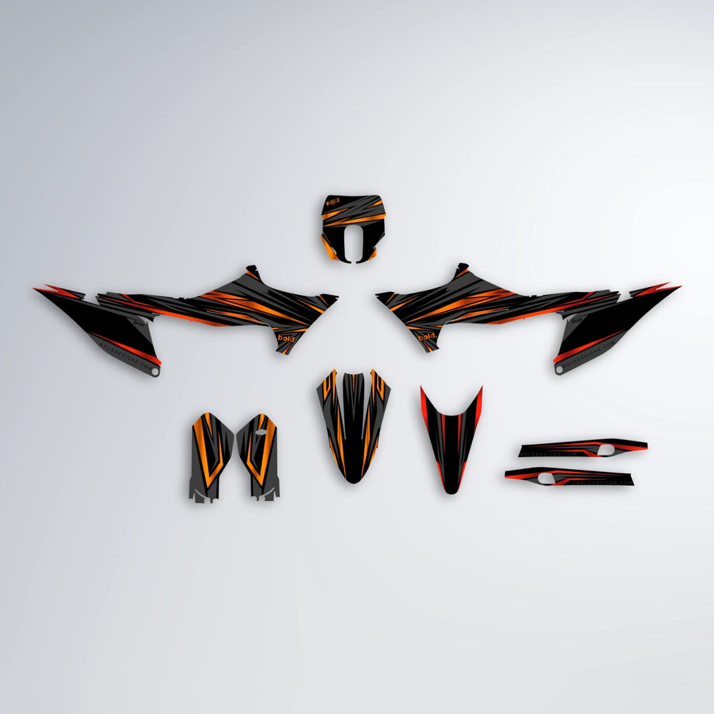 SKITZ Stark Varg MX graphics kit parts layout in Red & Orange