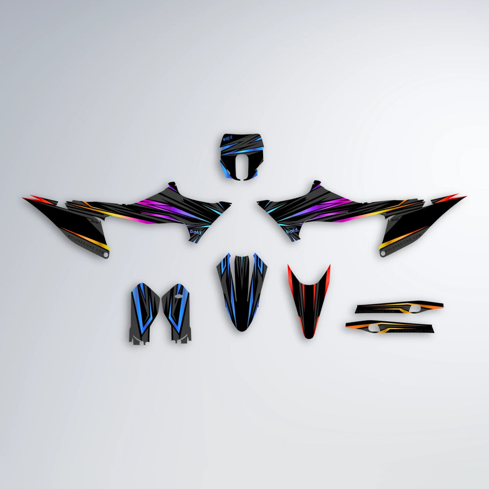 SKITZ Stark Varg MX graphics kit parts layout in Sunset Fade