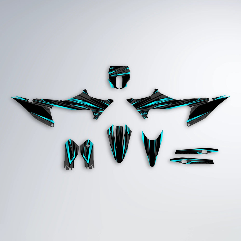 SKITZ Stark Varg MX graphics kit parts layout in Teal