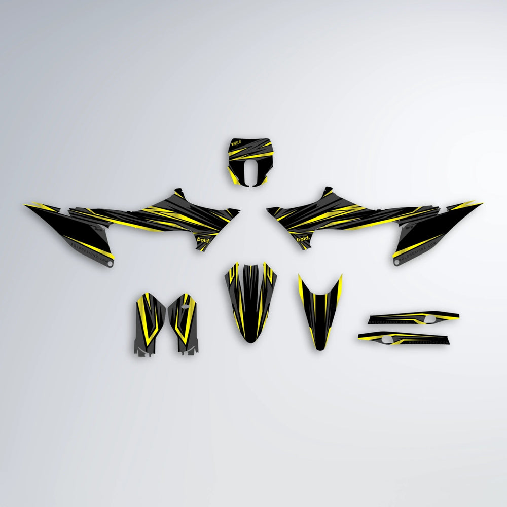 SKITZ Stark Varg MX graphics kit parts layout in Yellow