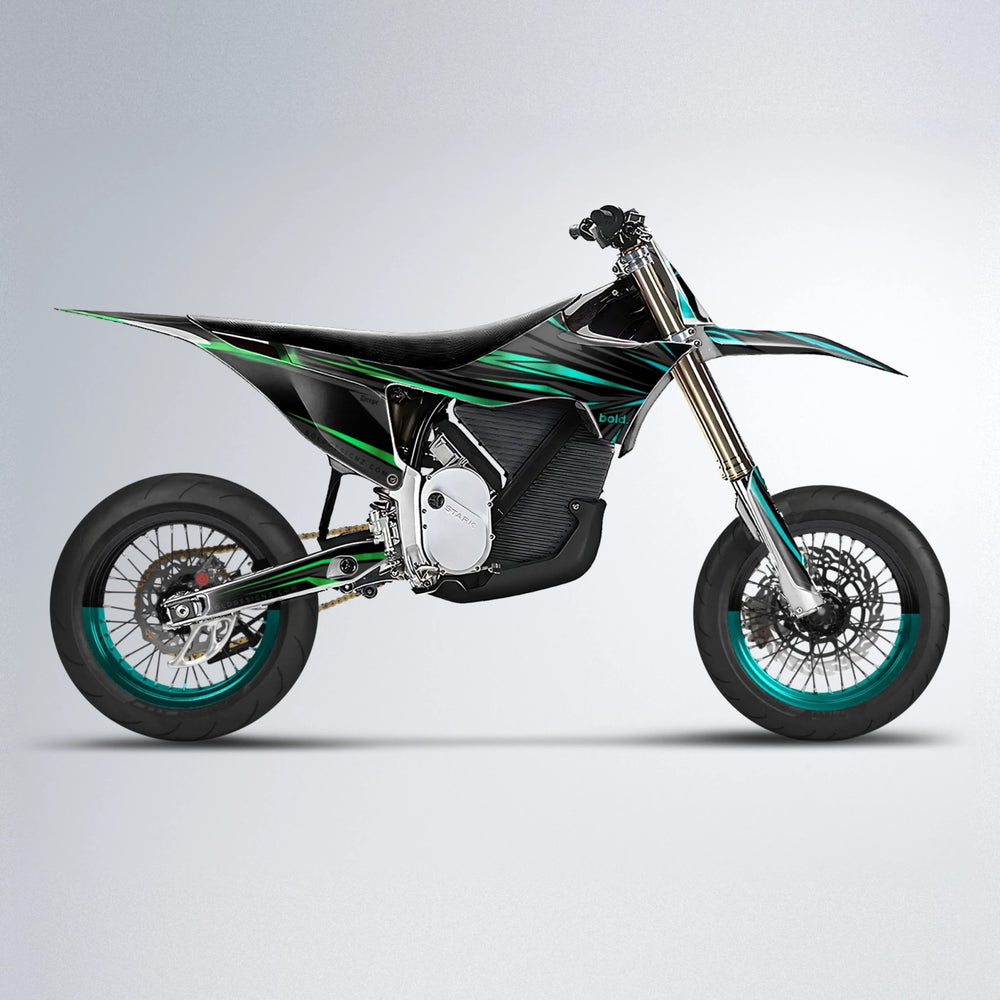 SKITZ Stark Varg SM supermoto graphics kit in Cyan & Green