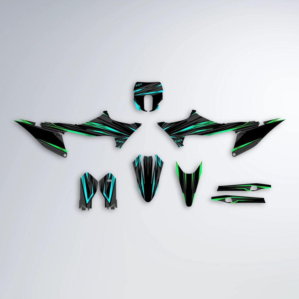 SKITZ Stark Varg SM graphics kit parts layout in Cyan & Green