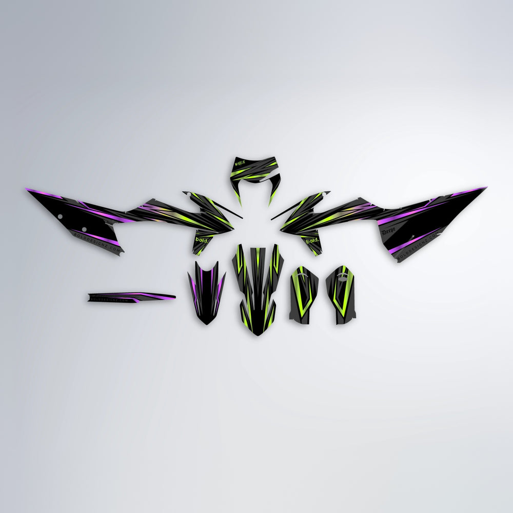 SKITZ graphics kit parts layout in Purple & Yellow