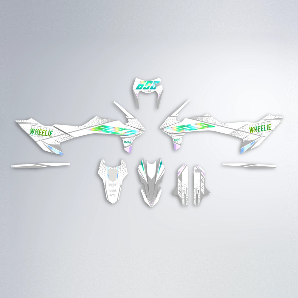 SKOOVBY KTM SMC 690 graphics kit parts layout in Cyan & Green