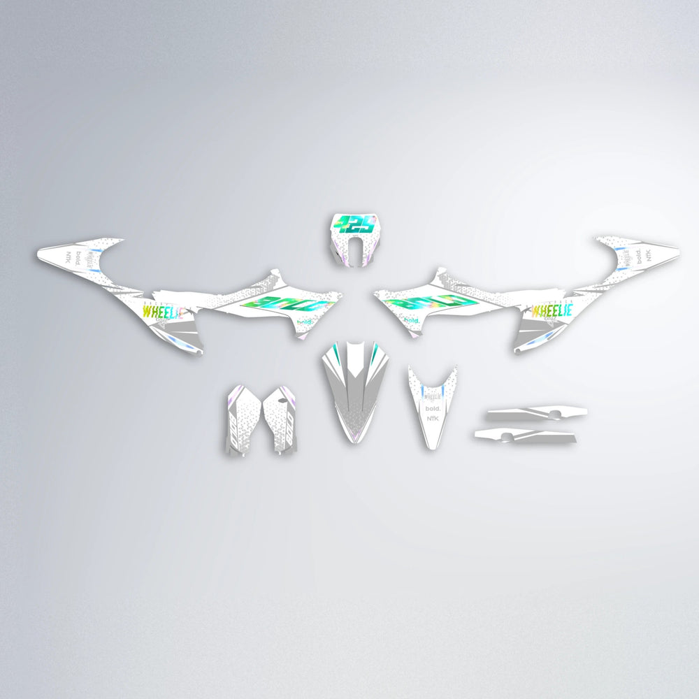 SKOOVBY Stark Varg MX graphics kit parts layout in Cyan & Green