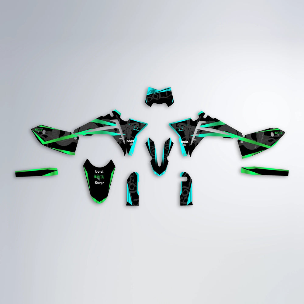 SLASH Fantic graphics kit parts layout in Cyan & Green