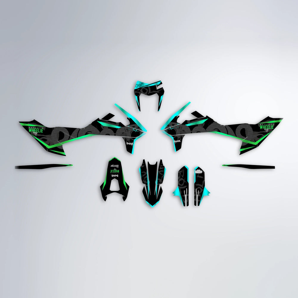 SLASH KTM SMC 690 graphics kit parts layout in Cyan & Green