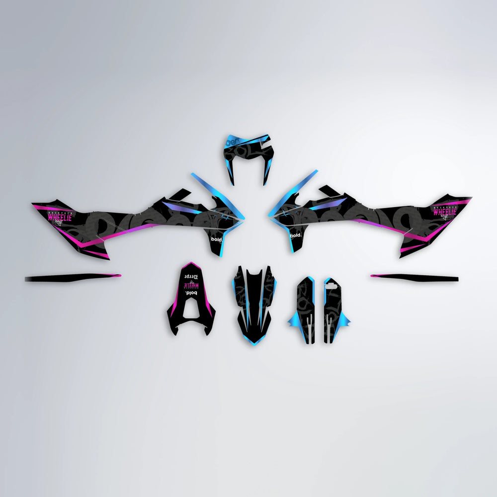 SLASH KTM SMC 690 graphics kit parts layout in Pink & Light Blue