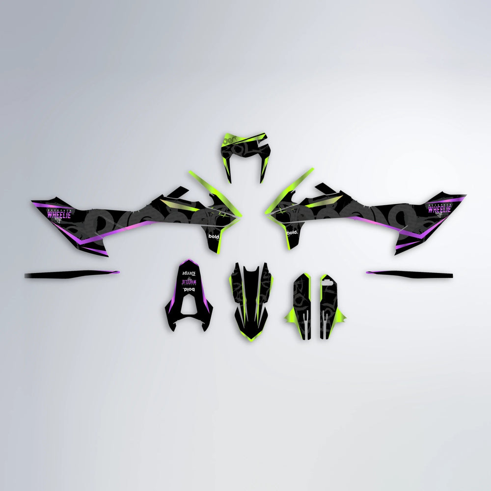 SLASH KTM SMC 690 graphics kit parts layout in Purple & Yellow