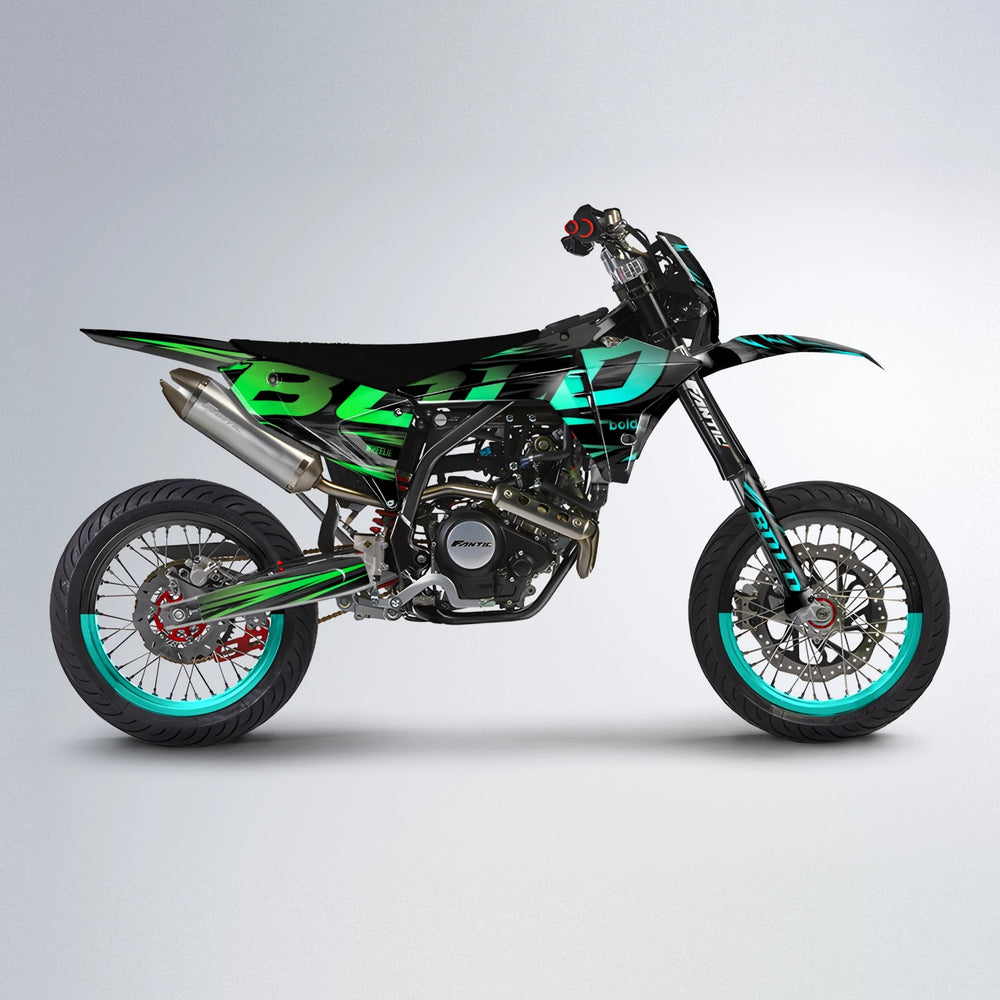 SLAUGHTER Fantic supermoto graphics kit in Cyan & Green