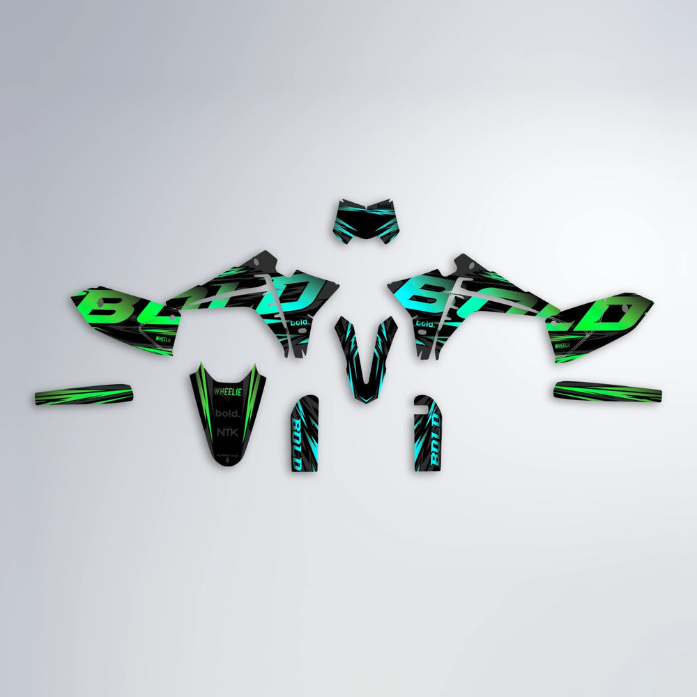 SLAUGHTER Fantic graphics kit parts layout in Cyan & Green