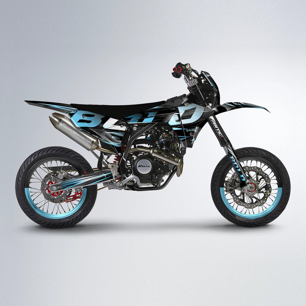SLAUGHTER Fantic supermoto graphics kit in Light Blue & White