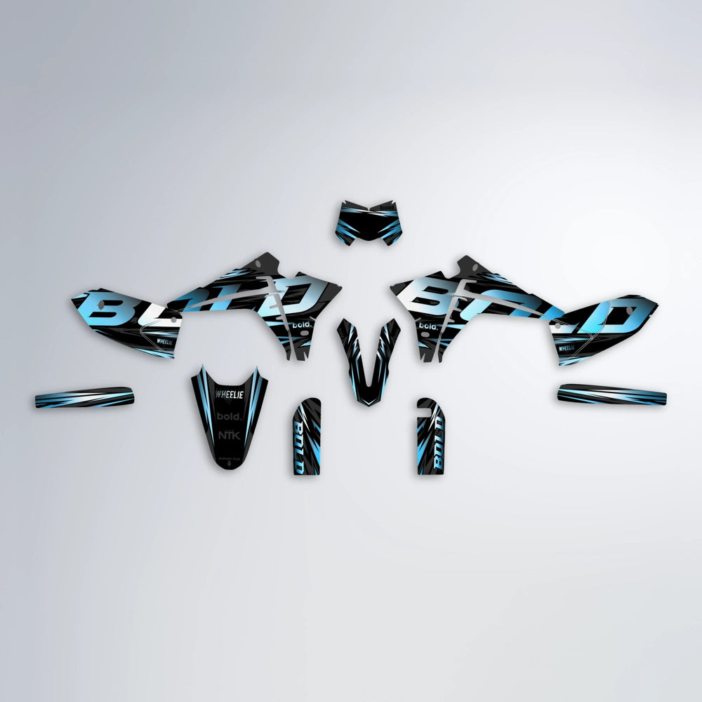 SLAUGHTER Fantic graphics kit parts layout in Light Blue & White