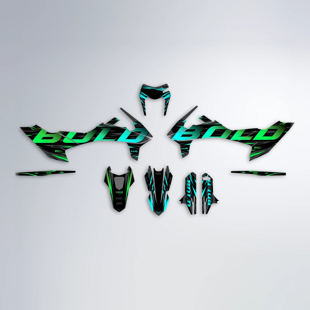 SLAUGHTER KTM SMC 690 graphics kit parts layout in Cyan & Green