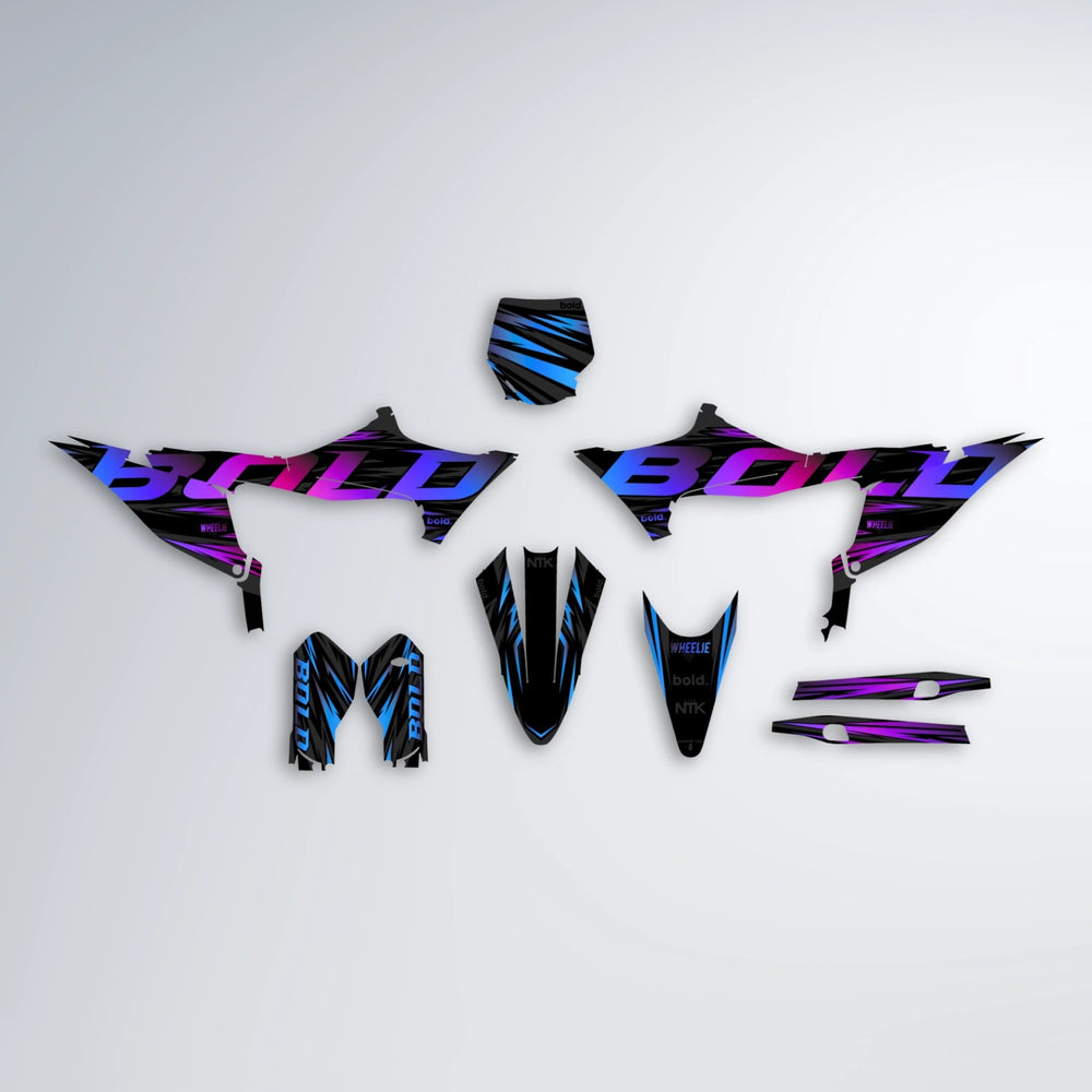 SLAUGHTER Stark Varg MX graphics kit parts layout in Blue Purple Fade