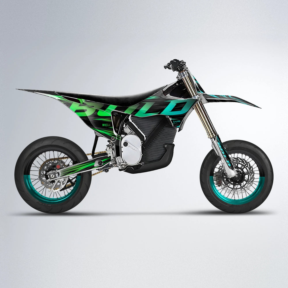 SLAUGHTER Stark Varg SM supermoto graphics kit in Cyan & Green