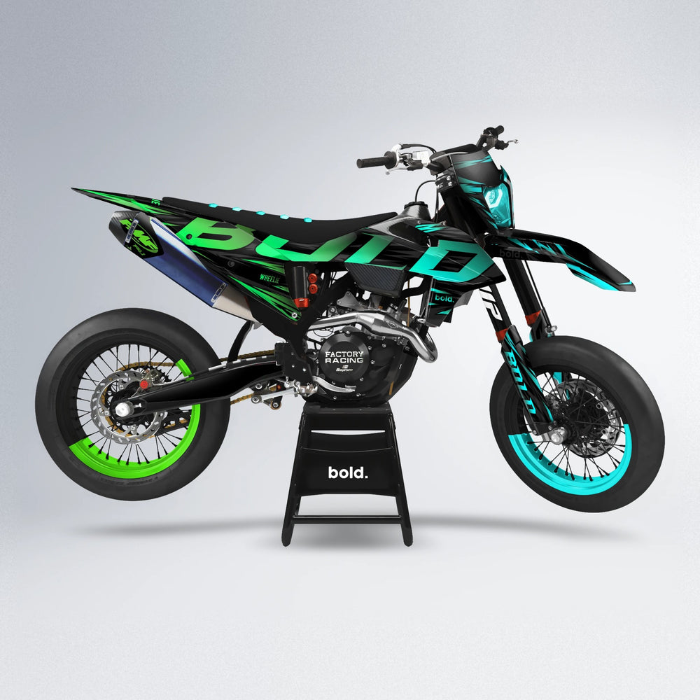 SLAUGHTER supermoto graphics kit in Cyan & Green