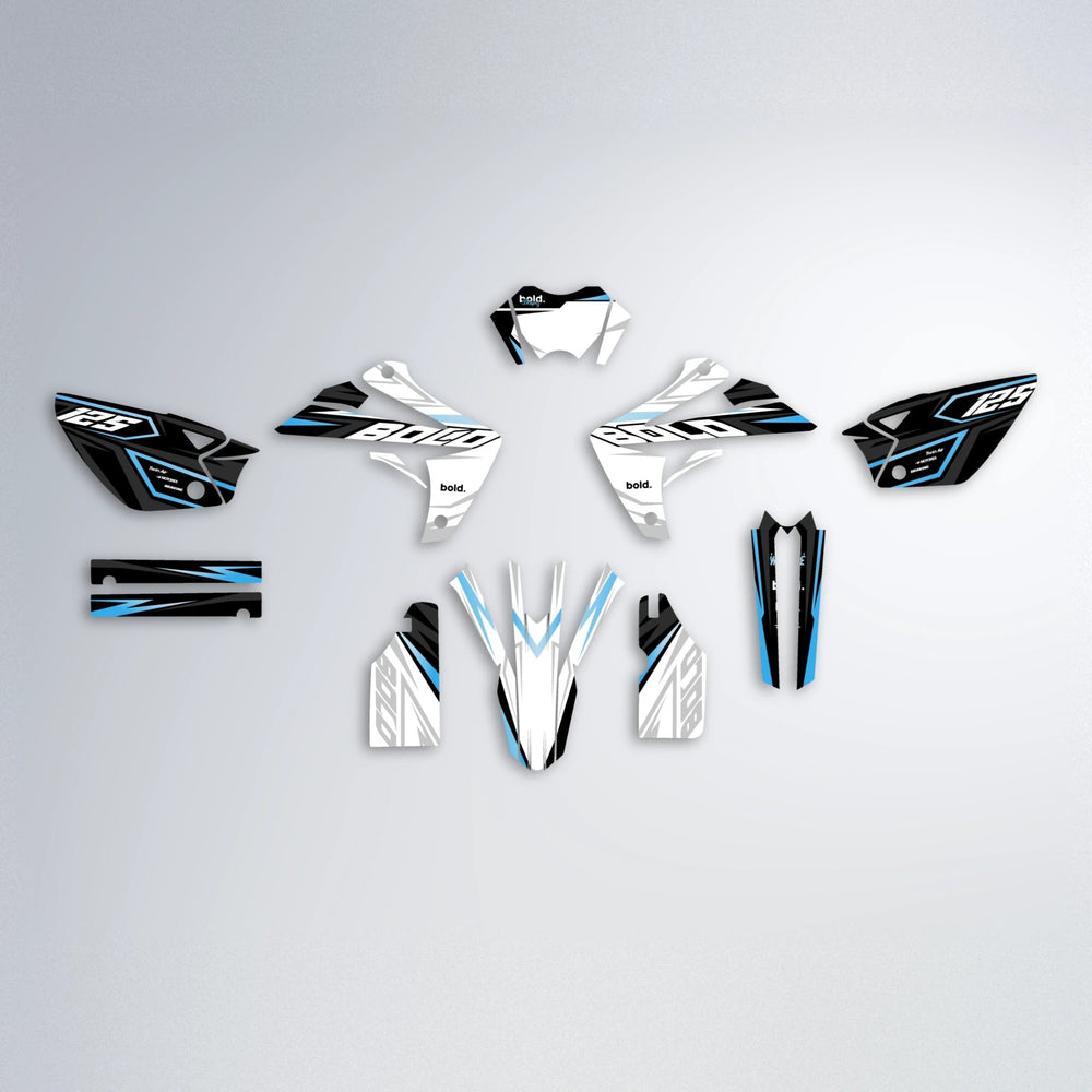SPLIT Rieju MRT graphics kit parts layout in Light Blue & White