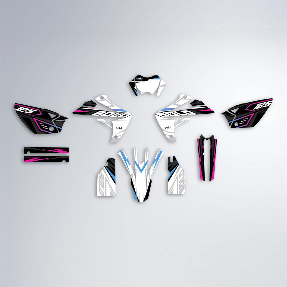 SPLIT Rieju MRT graphics kit parts layout in Pink & Light Blue