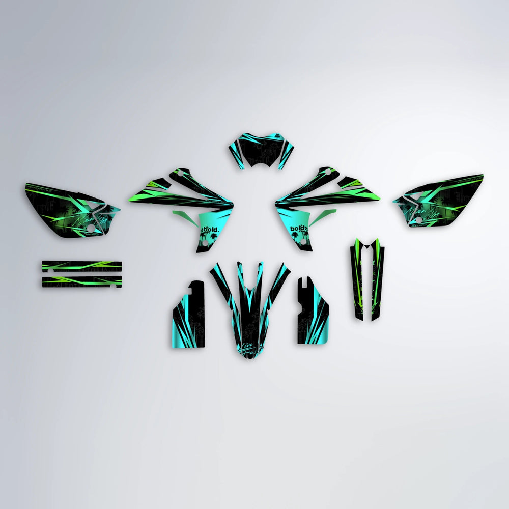 STATESIDE Rieju MRT graphics kit parts layout in Cyan & Green