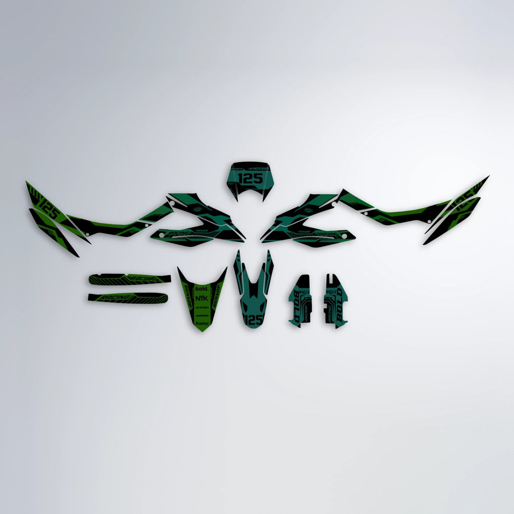 STEALTH Aprilia SX 125 graphics kit parts layout in Cyan & Green
