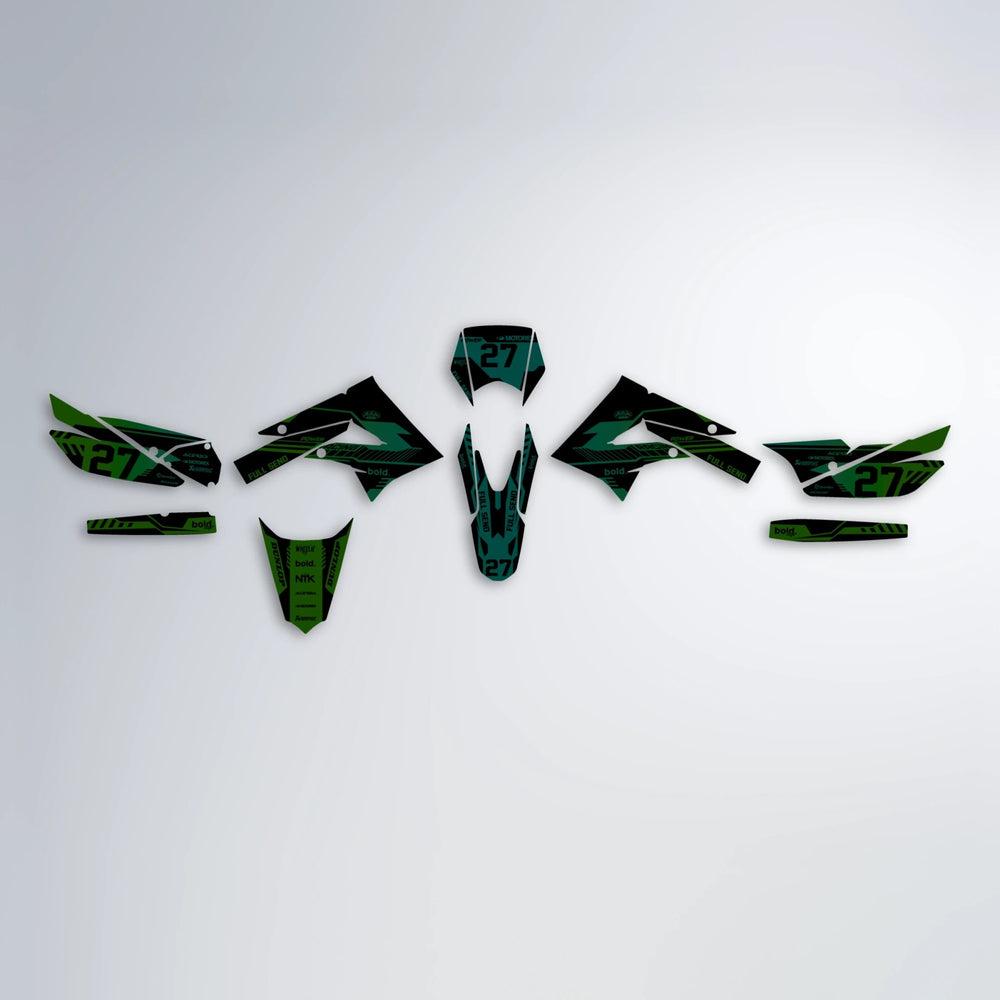 STEALTH Derbi Senda graphics kit parts layout in Cyan & Green