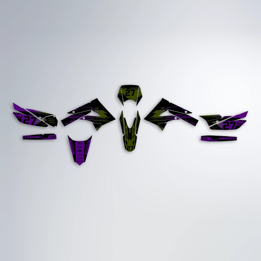 STEALTH Derbi Senda graphics kit parts layout in Purple & Yellow