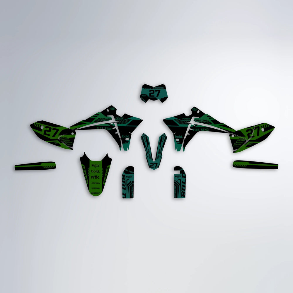 STEALTH Fantic graphics kit parts layout in Cyan & Green