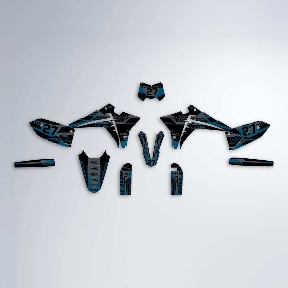 STEALTH Fantic graphics kit parts layout in Light Blue & White