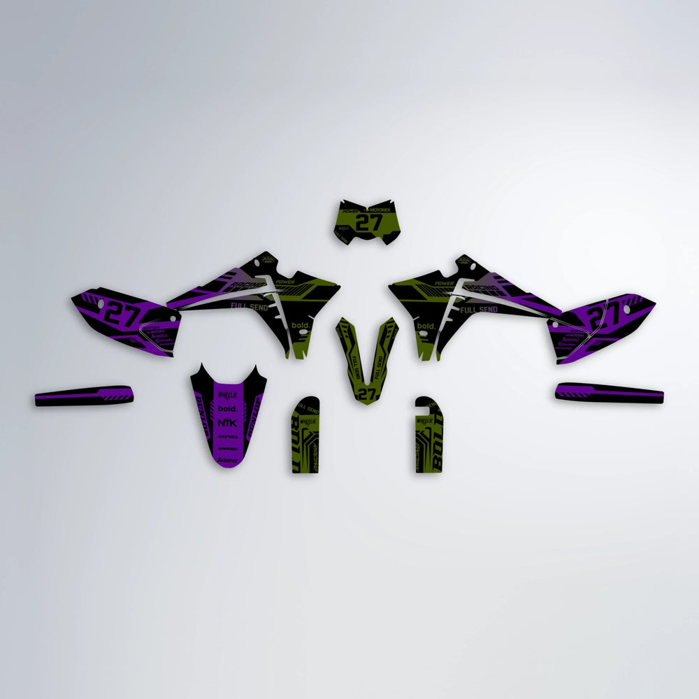 STEALTH Fantic graphics kit parts layout in Purple & Yellow